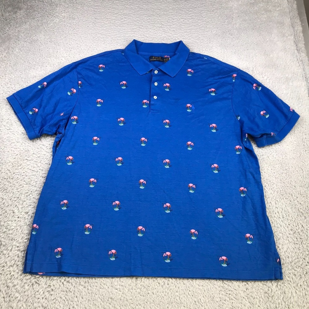 Polo Ralph Lauren Shirt Mens 2XB Big Blue Fishing Flamingo Allover Print Cotton
